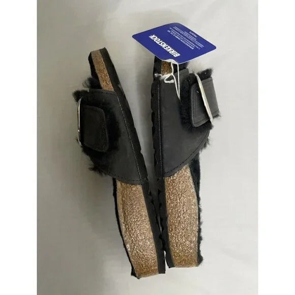 Birkenstock Madrid Big Buckle Black Oiled Leather Shearling Size 37 6 Narrow New